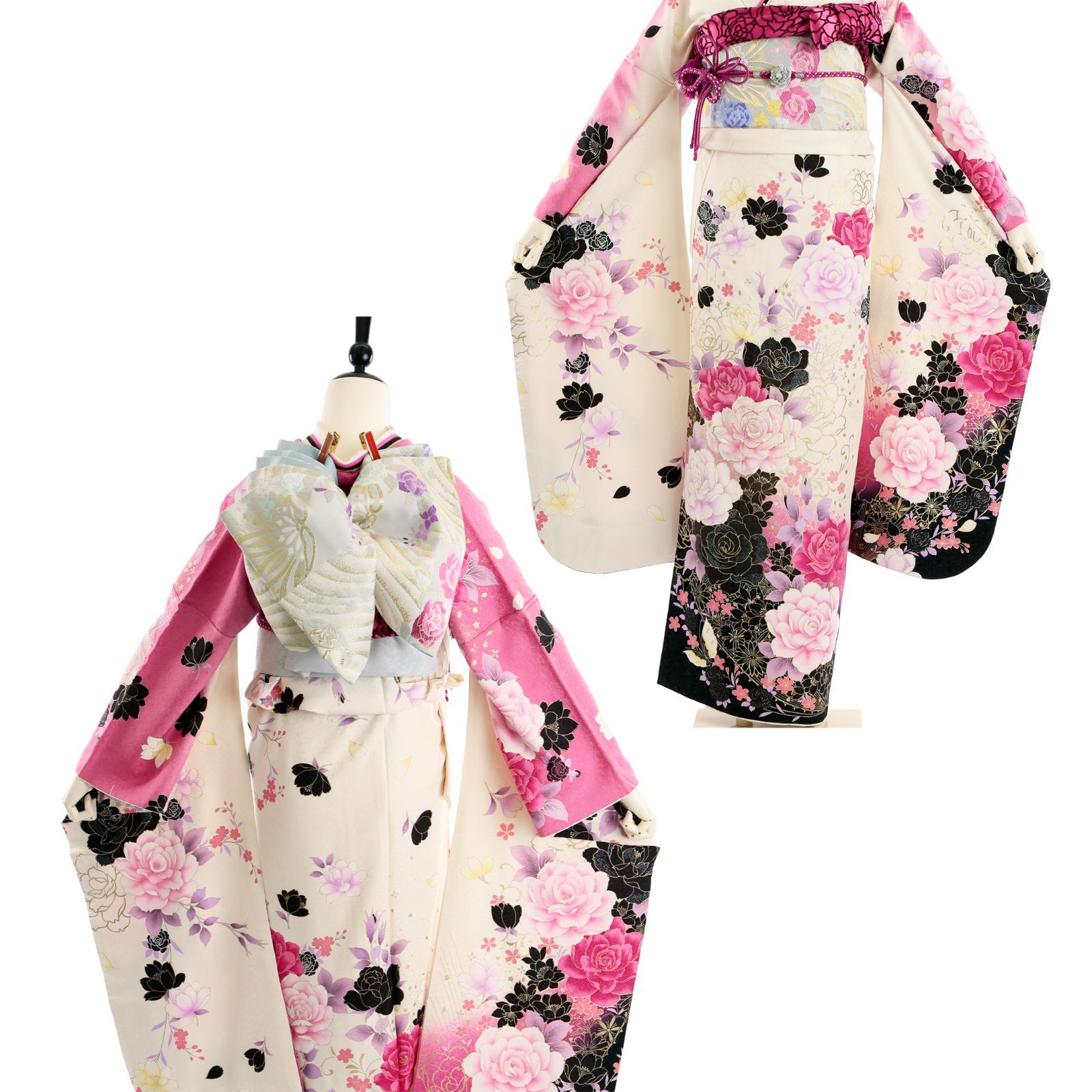 【SABOさま】振袖 フルセット 中古品 白地 薔薇 蝶々 SABOさま】振袖 フルセット 中古品 白地 薔薇 蝶々