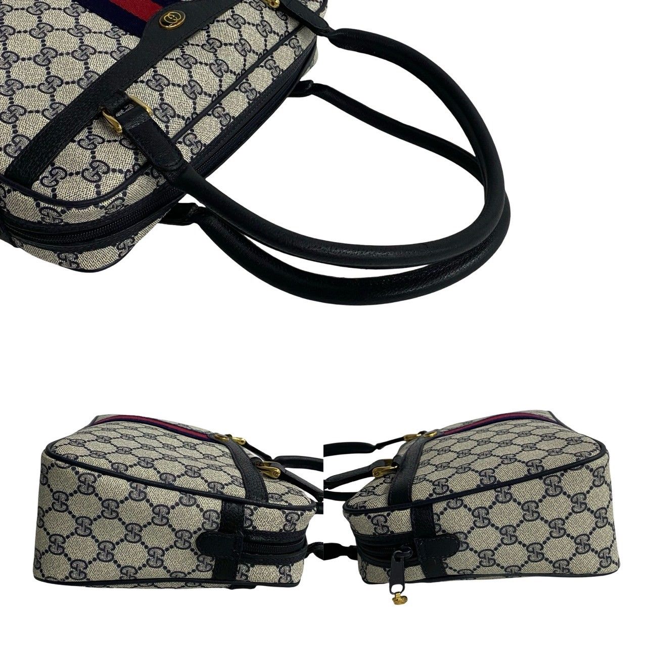 極 美品 GUCCI グッチ オールドグッチ ヴィンテージ シェリーライン GG ロゴ 金具 レザー ハンドバッグ ミニ ボストンバッグ 紺 22401