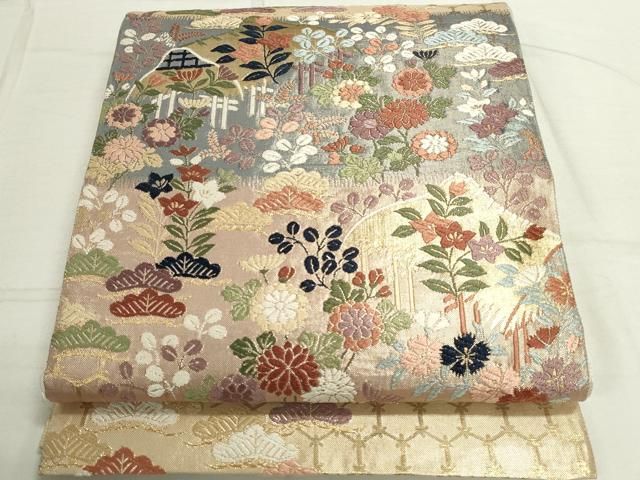平和屋着物◎佐賀錦 六通柄袋帯 唐織 風景花文 金銀糸 正絹 逸品