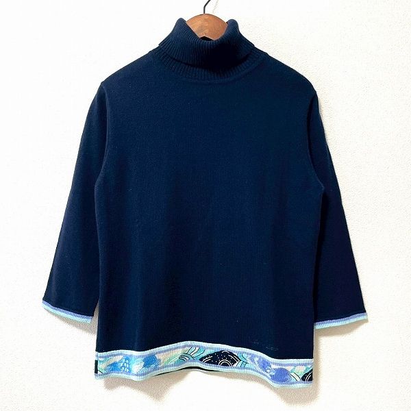 wnc レオナール LEONARD ニット セーター M 紺 水色 ハイネック カシミヤ混 シルク混 ロゴ刺繍 レディース 945793
