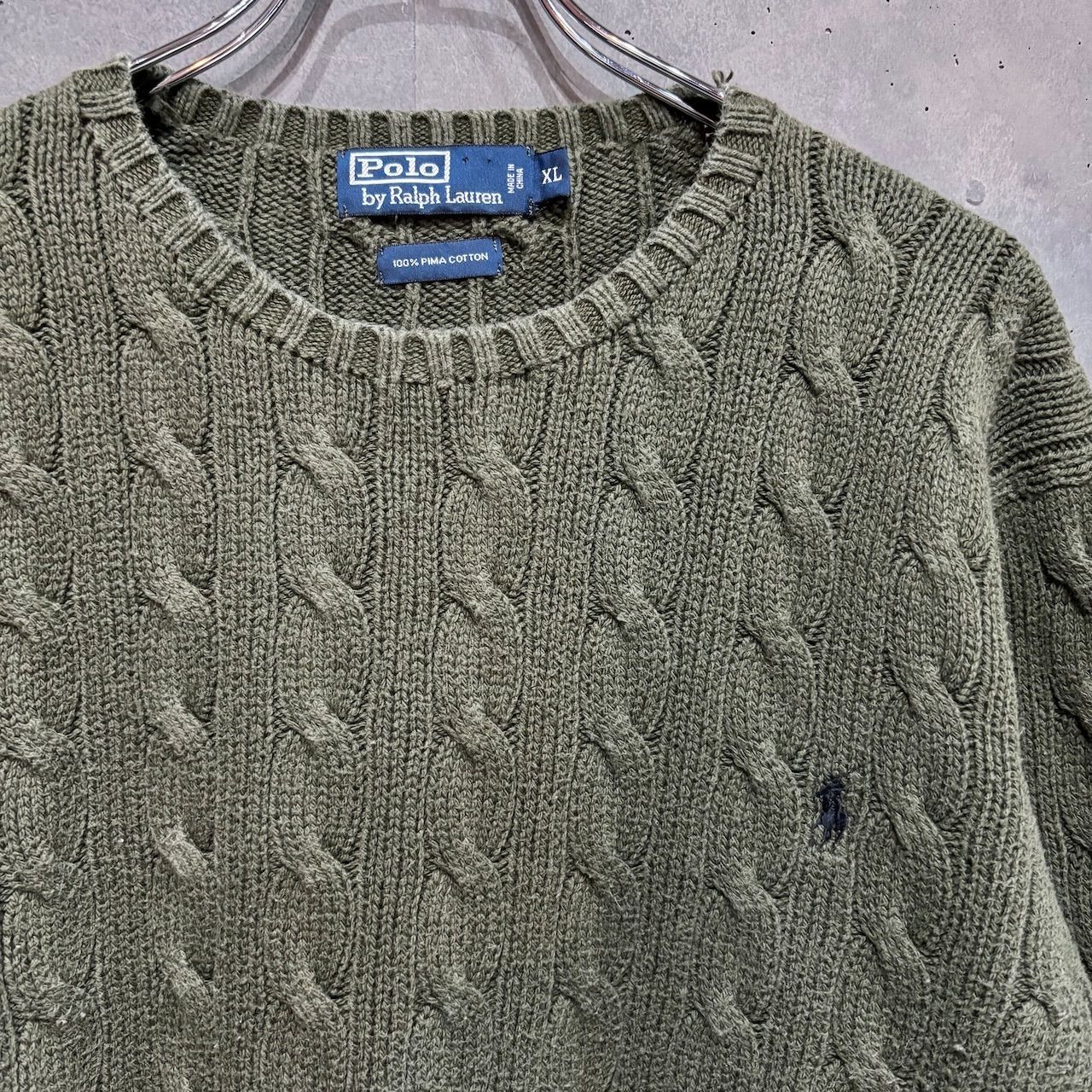 90〜2000s Polo by Ralph Lauren ケーブル編みコットンニットセーター オリーブ