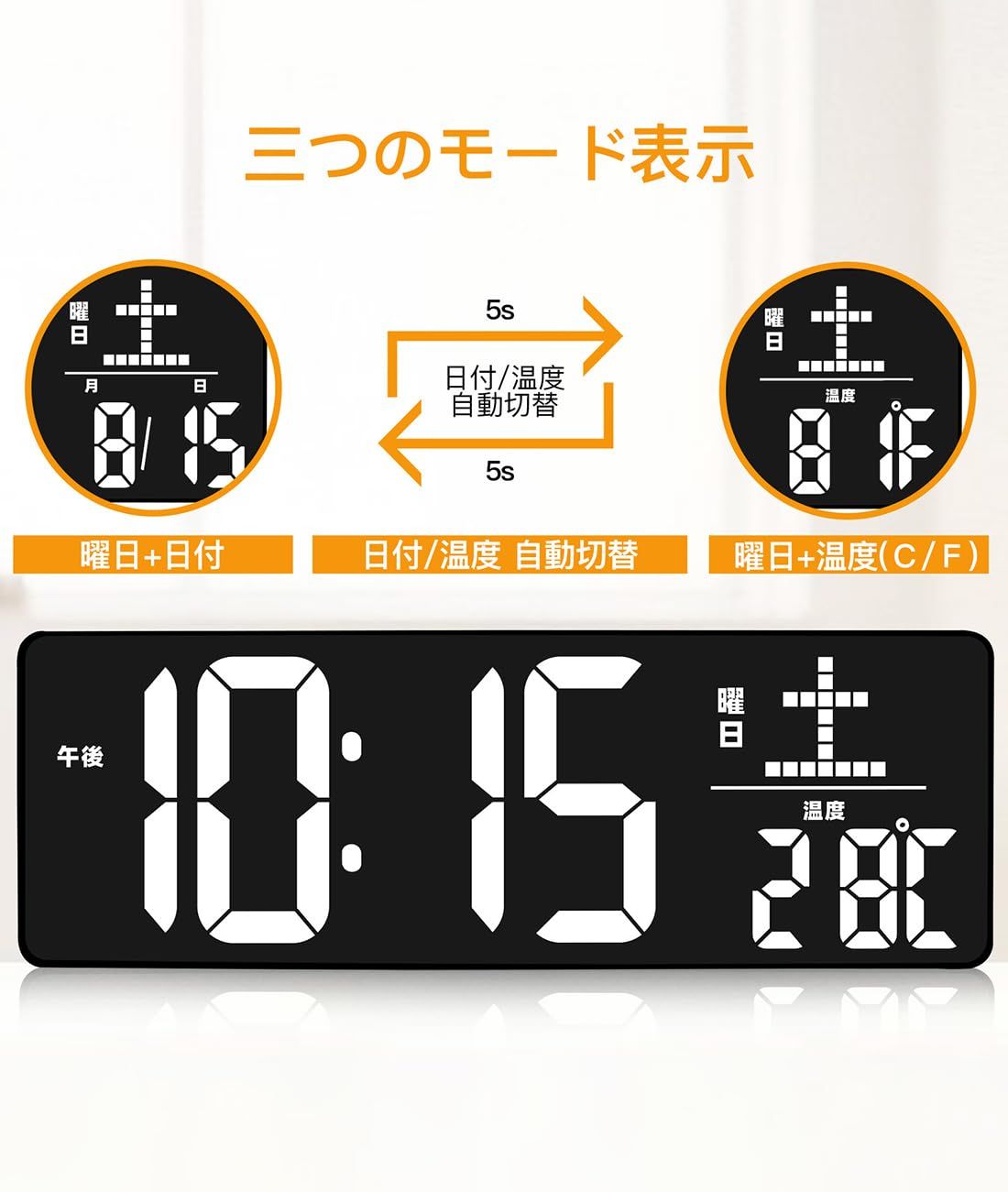 LEDデジタル時計 壁掛け時計 置き時計自動輝度調整12H/24H時間表示モード