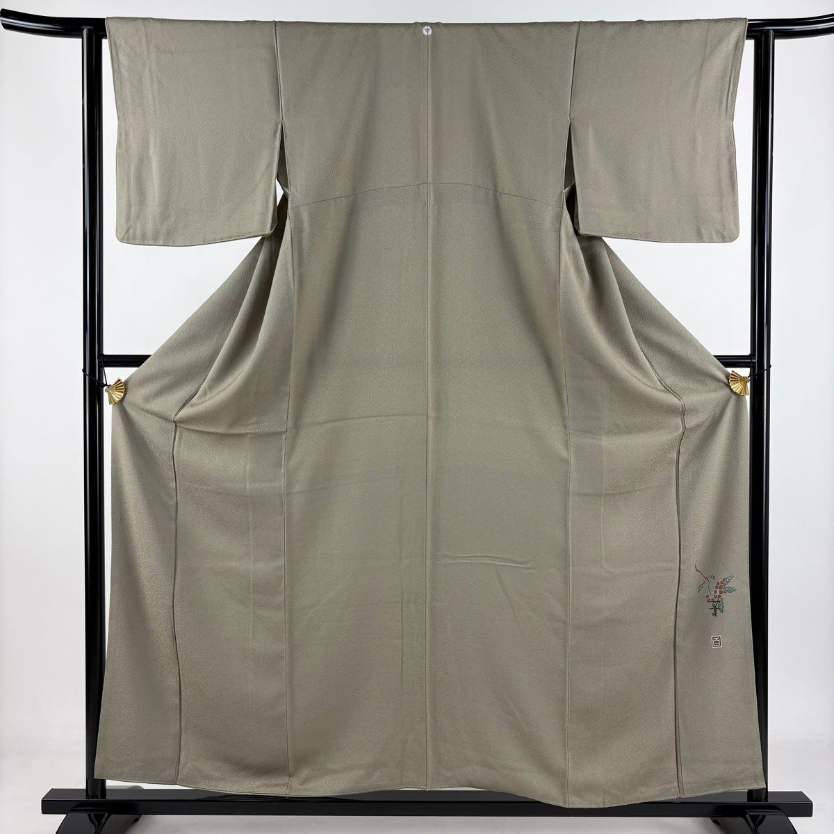 色無地 身丈158.5cm 裄丈61cm S 袷 百貫 落款 地紋 灰緑 正絹 秀品 一つ紋