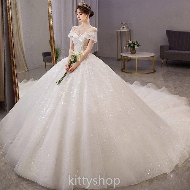 ウェディングドレス オフショルダー キラキラ ラインストーン ロングドレス 素敵 ホワイト 結婚式ドレス 二次会 披露宴 Aラインドレス キレイめ min