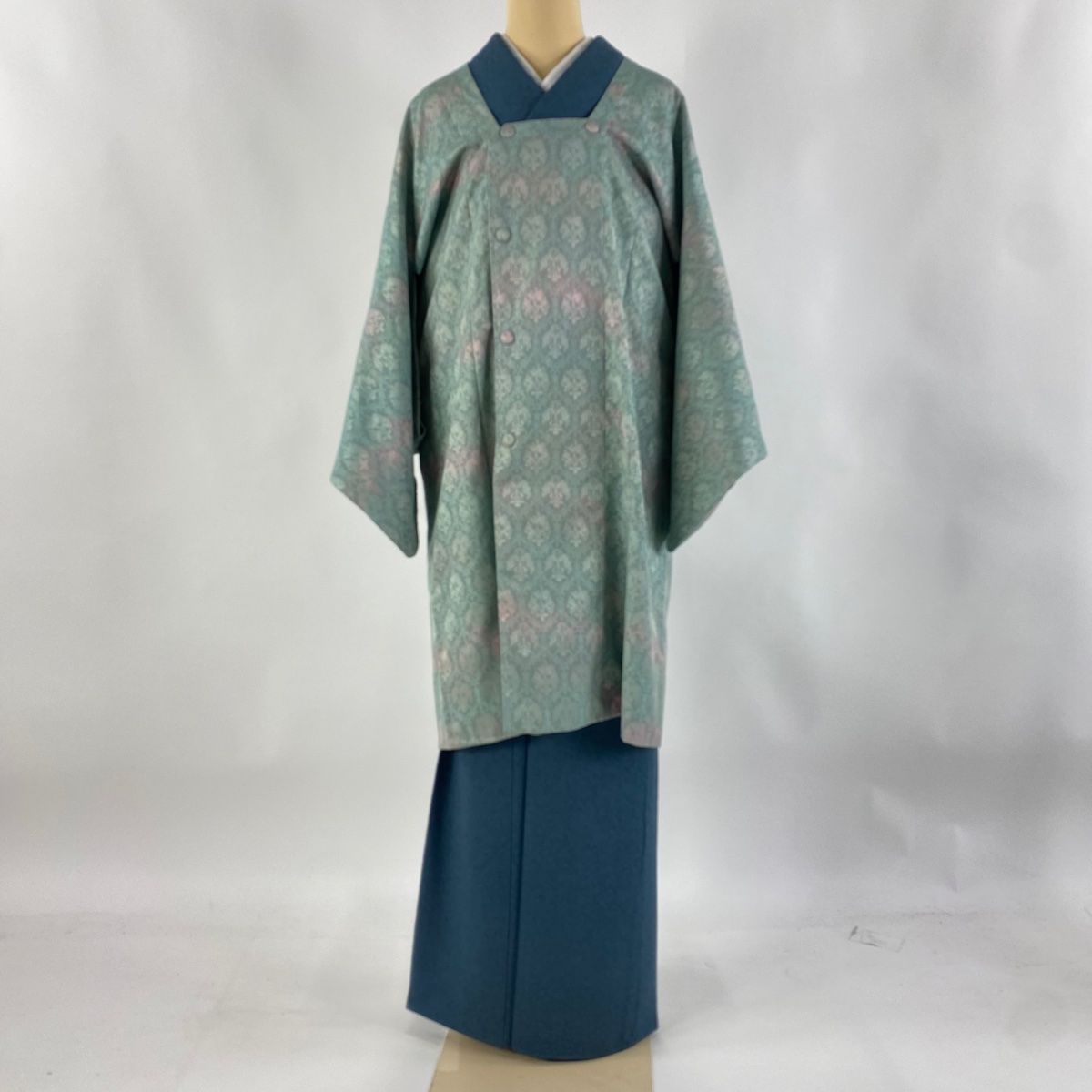 道行 身丈101cm 裄丈65cm M 袷 和装コート 角衿 リバーシブル 鳥 動物 ぼかし 薄緑 正絹 名品