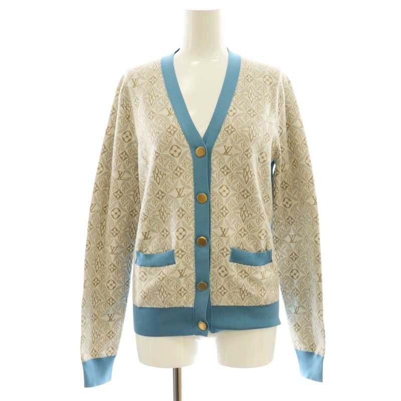 ルイヴィトン LOUIS VUITTON 22SS モノグラム・コントラストトリム カーディガン ニット 長袖 Vネック S グレー ベージュ 水色 ルイヴィトン LOUIS VUITTON 22SS モノグラム・コントラスト