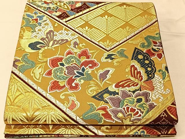 袋帯 金彩の上品な花唐草 正絹 着物 着付け 和装 HO-1083 平和屋着物▽六通柄袋帯 唐織 草花文 金銀糸 鈴乃屋扱い 正絹