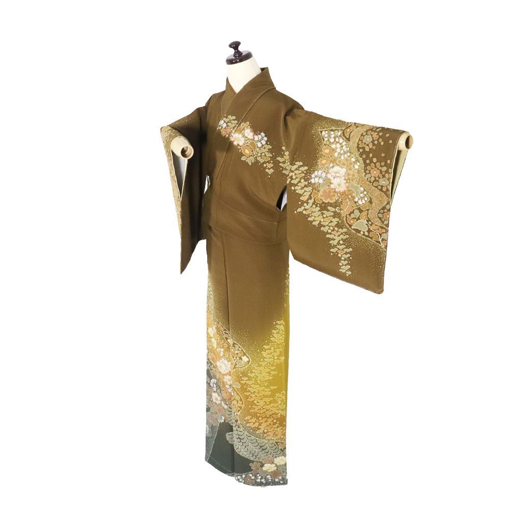 京辻が花作家 吉野一廉氏作 辻が花訪問着 袷 正絹 抹茶井色 黄土