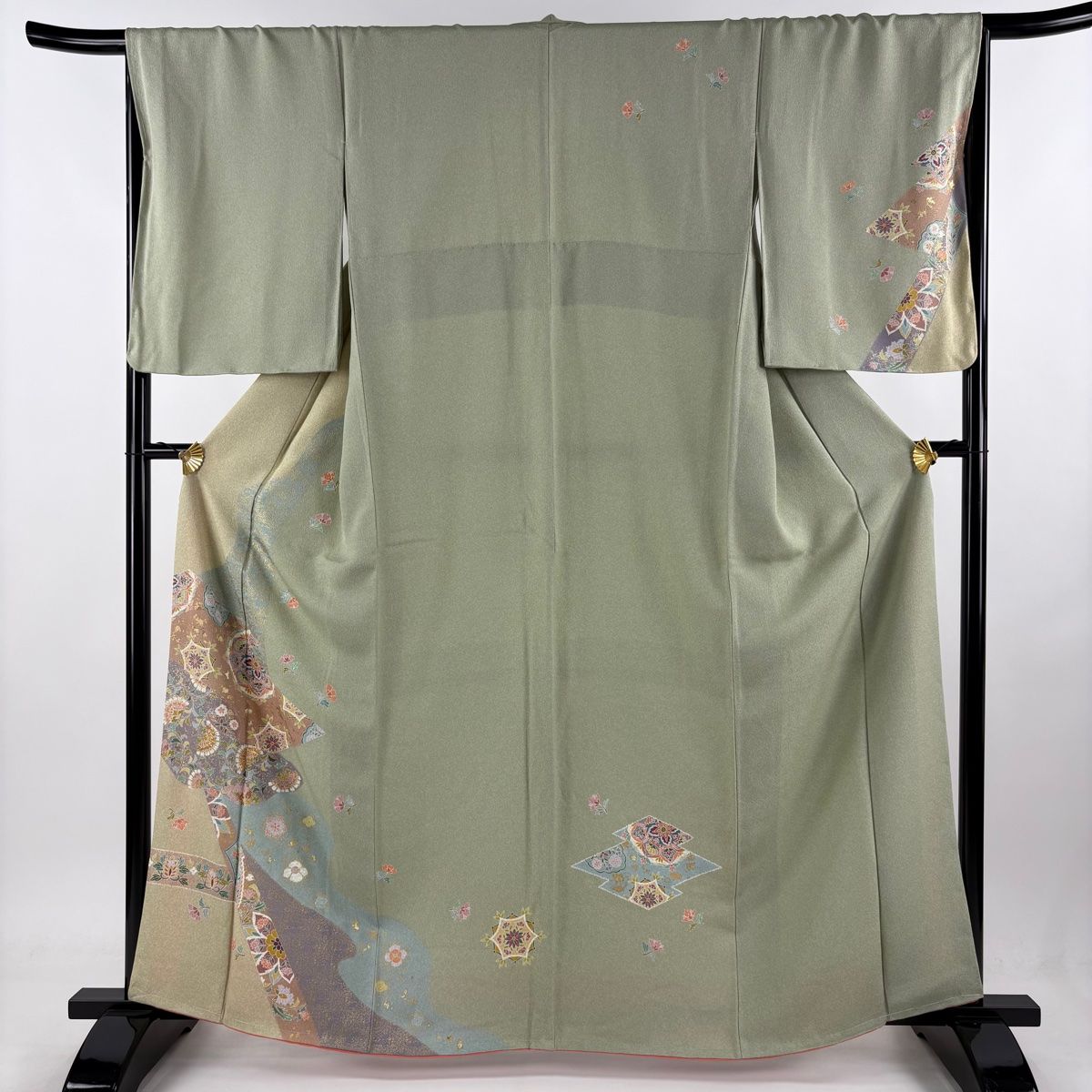 訪問着 身丈162.5cm 裄丈67cm M 袷 華文 草花 ラメ 金彩 薄緑 正絹 名品