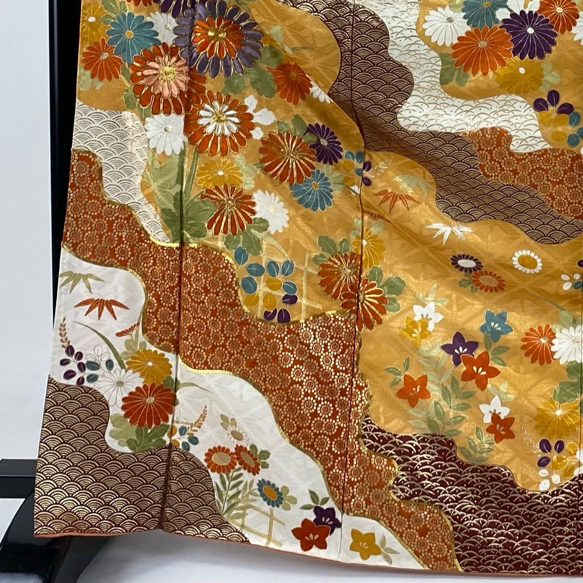 豪華絢爛美品Ｇオレンジ×花身丈162cm裄丈68cm正絹振袖 振袖 身丈162cm 裄丈66.5cm M 袷 鳳凰 草花 金糸 金彩 緑 正絹