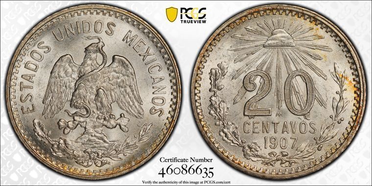 1907 M PCGS MS65 Straight 7 | MEXICO - 20 Centavos 20C Coin