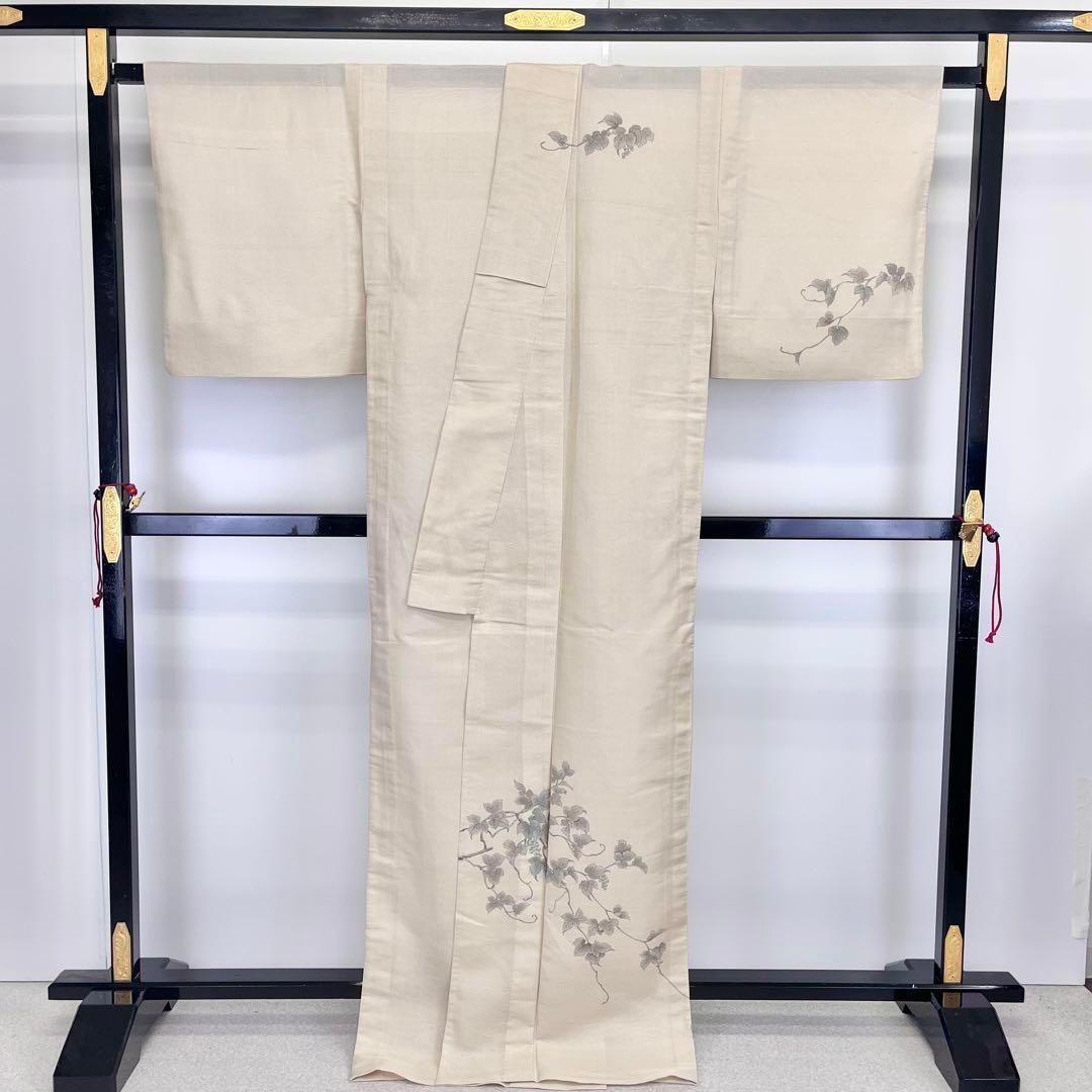 夏着物 付下げ 紗紬 涼庵 手描き 葡萄柄 枯野色 トールサイズ K-3886  