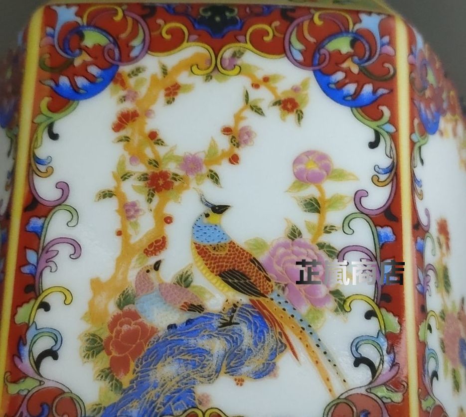 琺瑯彩花鳥紋紅六方賞瓶  景徳鎮 陶磁器 装飾品 現代工芸品 美術品 置物 一部予約販売】 景徳鎮 やすき 清雍正琺瑯彩花鳥紋蓮華燭台