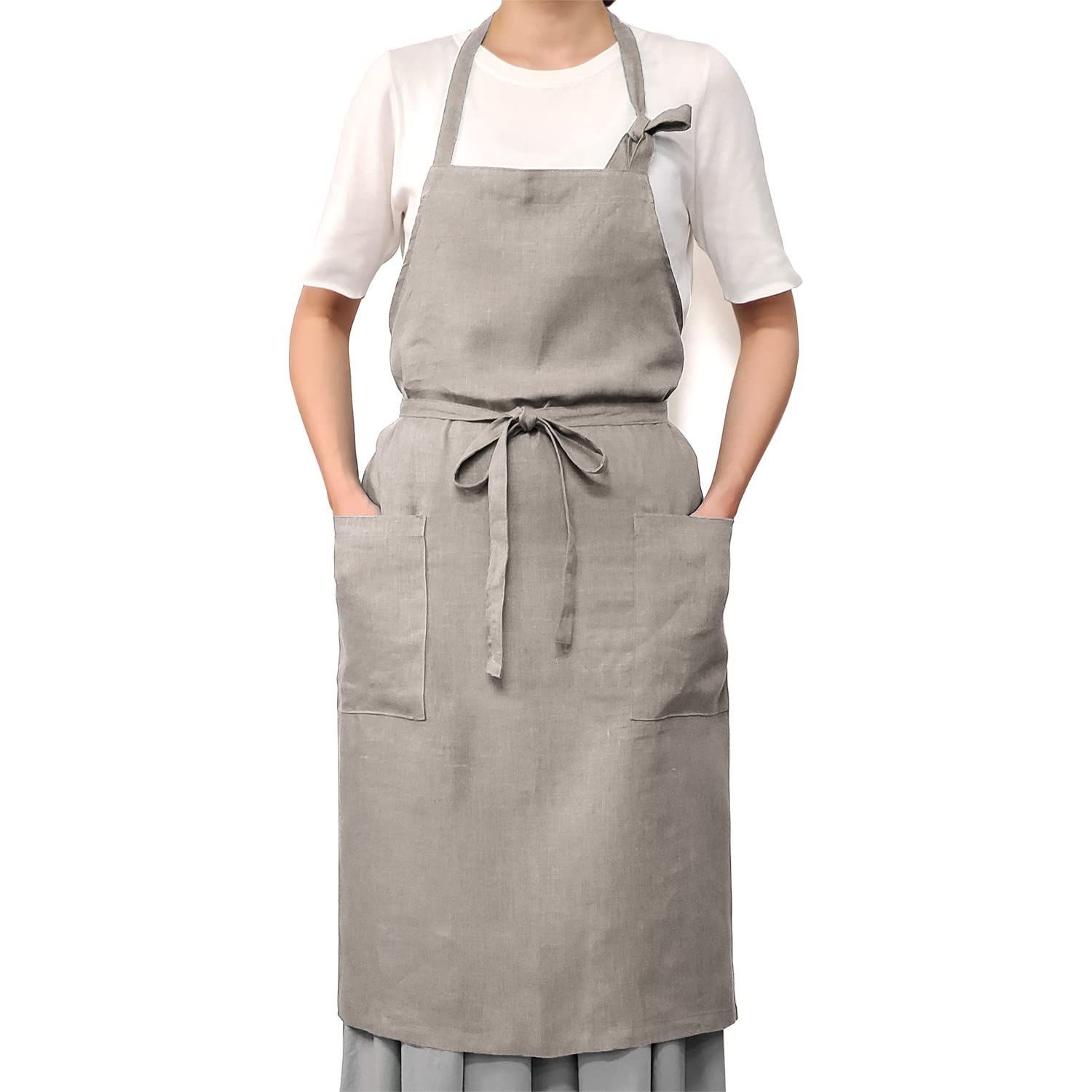 在庫セール 総丈 87cm 上品 | 光沢感 身幅 金具不使用|ポケット付き|紐止め 汚れが落ちやすい 105cm リネン|生成り | エプロン BASIC 腰紐 - 80cm LINEN