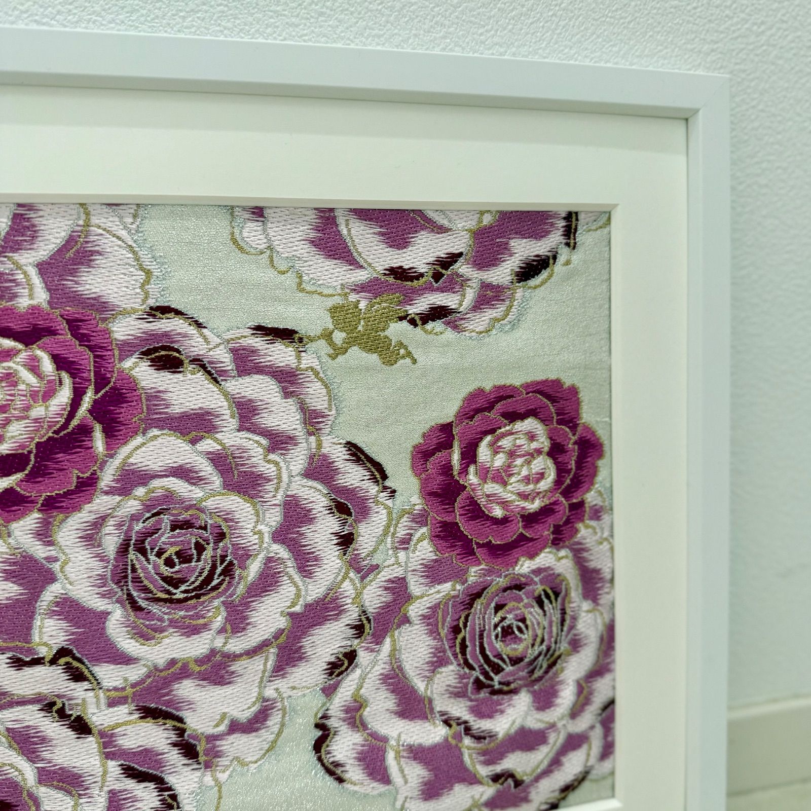 京都帯屋さん フレーム入りシルク織物アート ピンクバラと天使