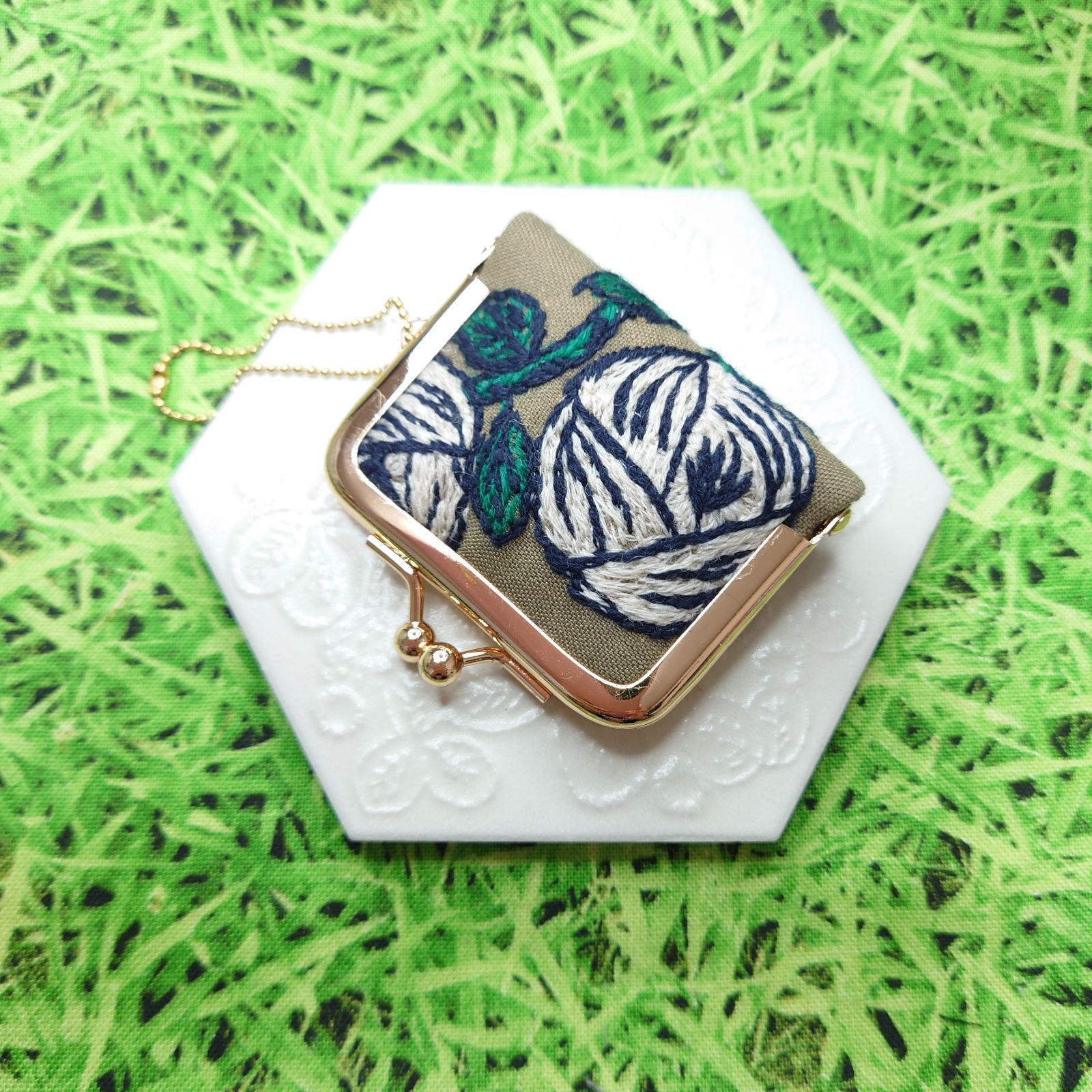 ミナペルホネン ハンドメイドがま口コインケースrosy ネイビー