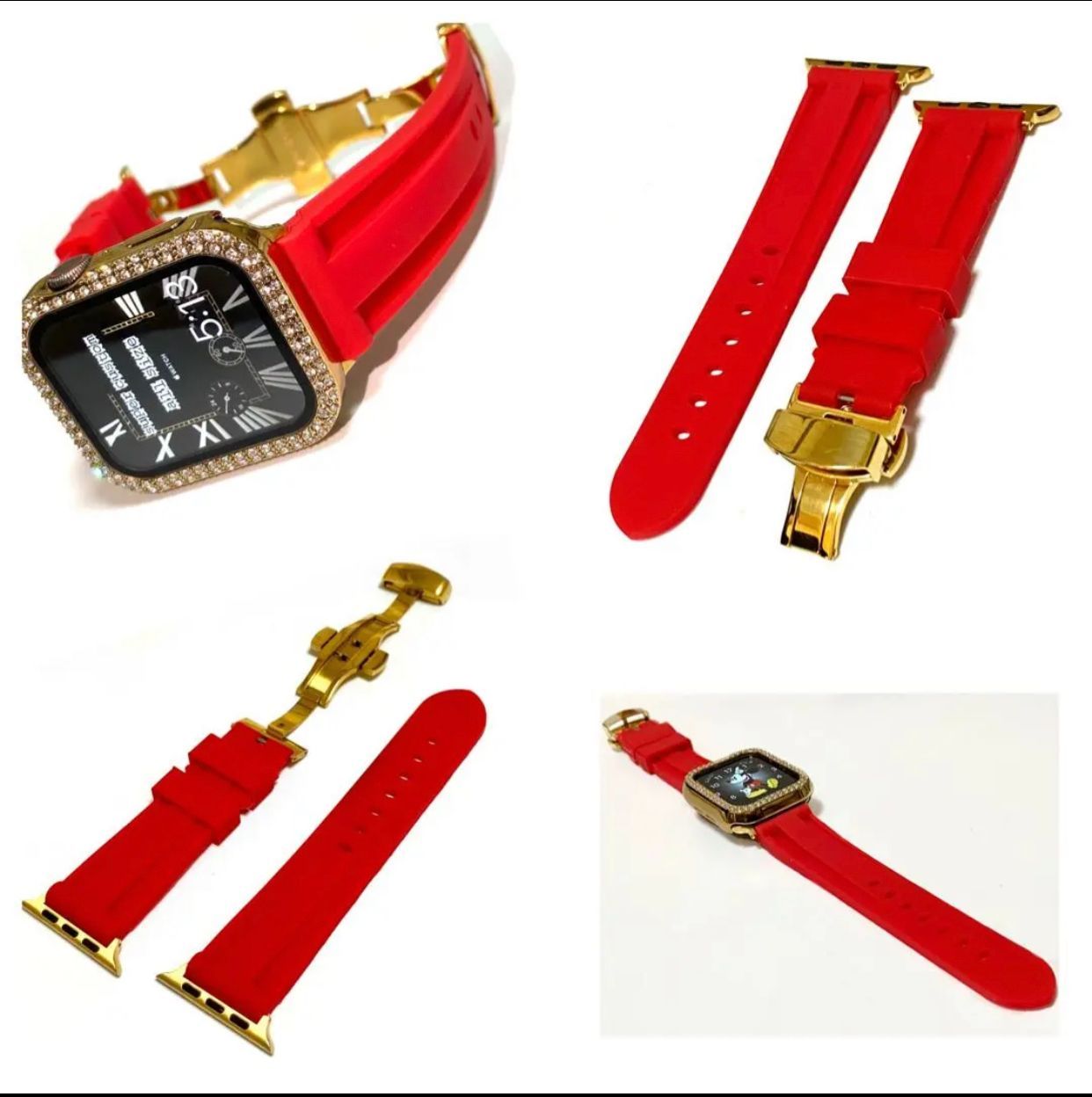 金×赤アップルウォッチキラキラカバーケースAppleWatchラバーバンドベルト