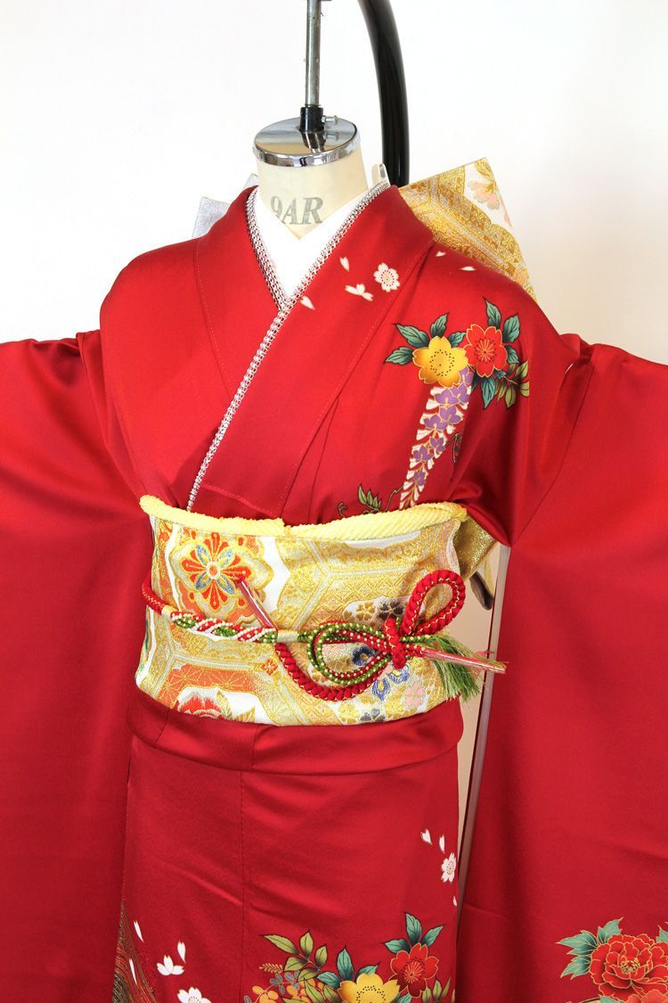 振袖フルセット 6点セット 正絹 古典赤系花模様【振袖・袋帯・帯締め 