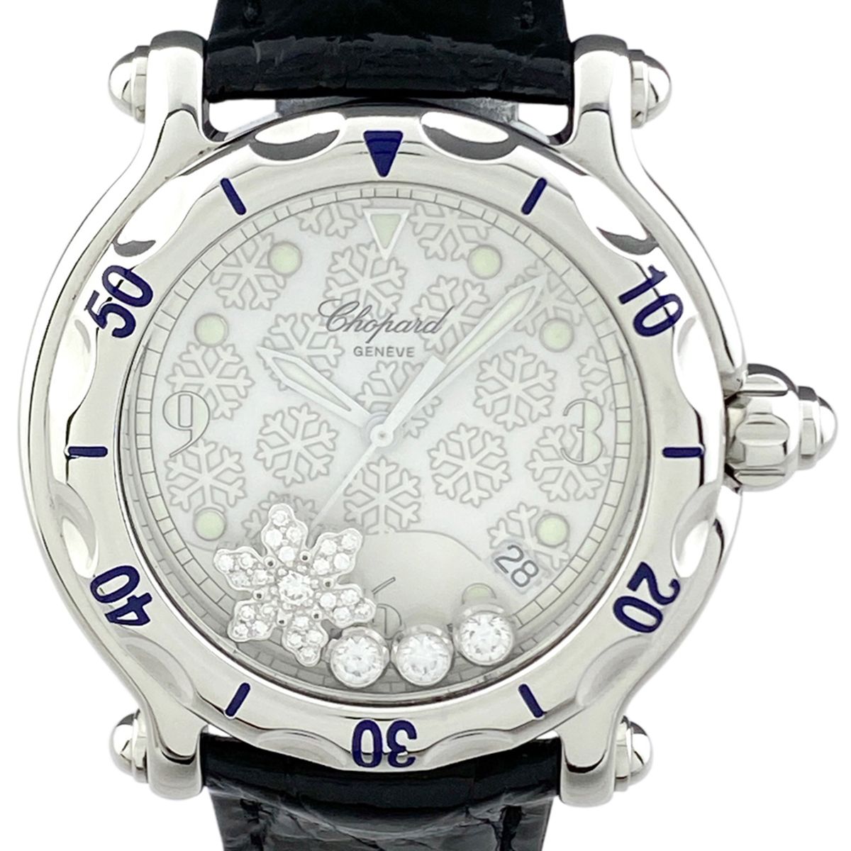 在庫一掃 ショパール Chopard ハッピースポーツ スノーフレーク 28|8948 腕時計 SS ダイヤモンド レザー クォーツ ホワイト ユニセックス