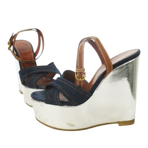 セルジオロッシ Sergio rossi クロスストラップサンダル ウェッジソール 厚底 デニム メタリック 36.5 23.5cm 青 ブルー |CK15 GY18