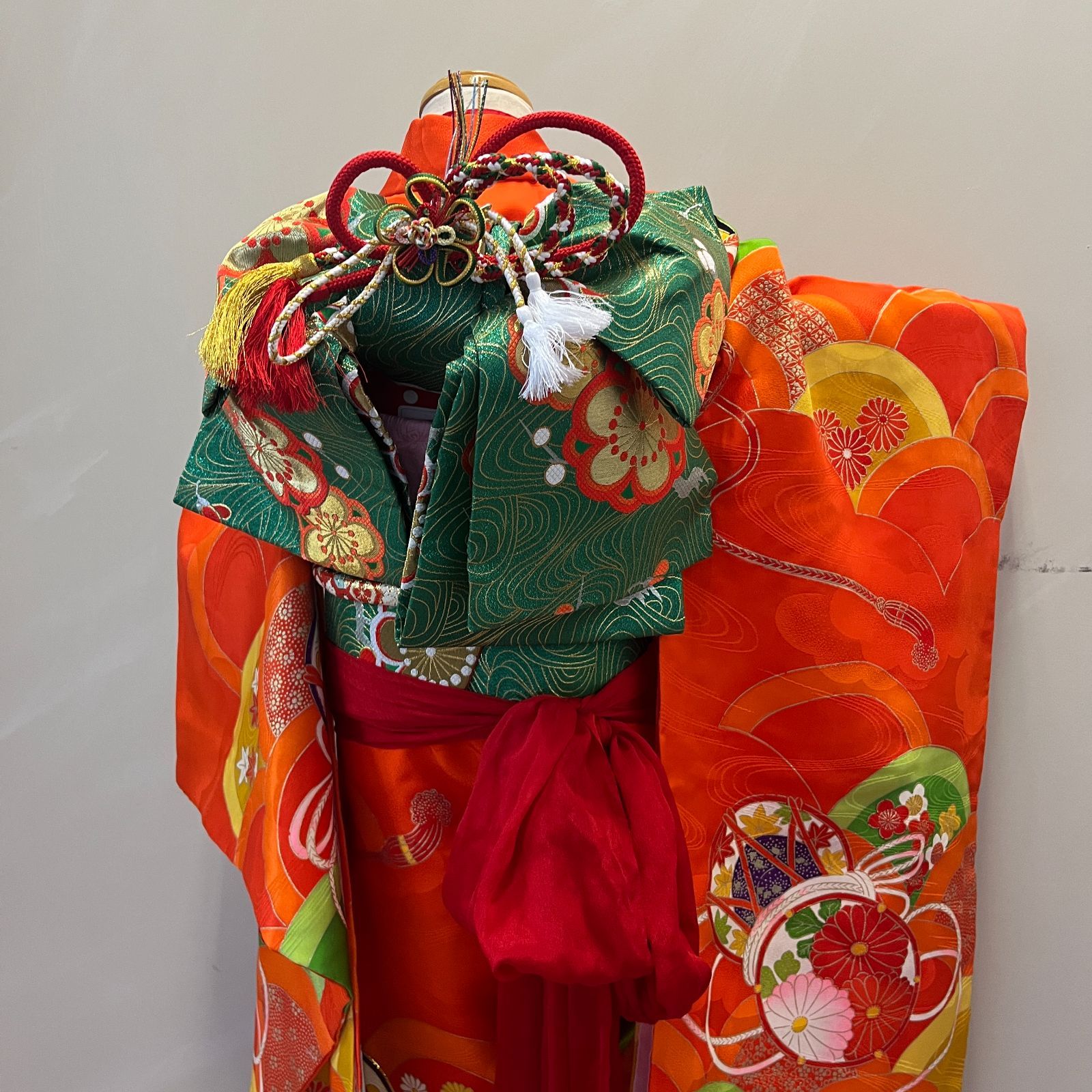 七五三 7歳女の子 着物 四つ身 オレンジ 長襦袢 作り帯セット