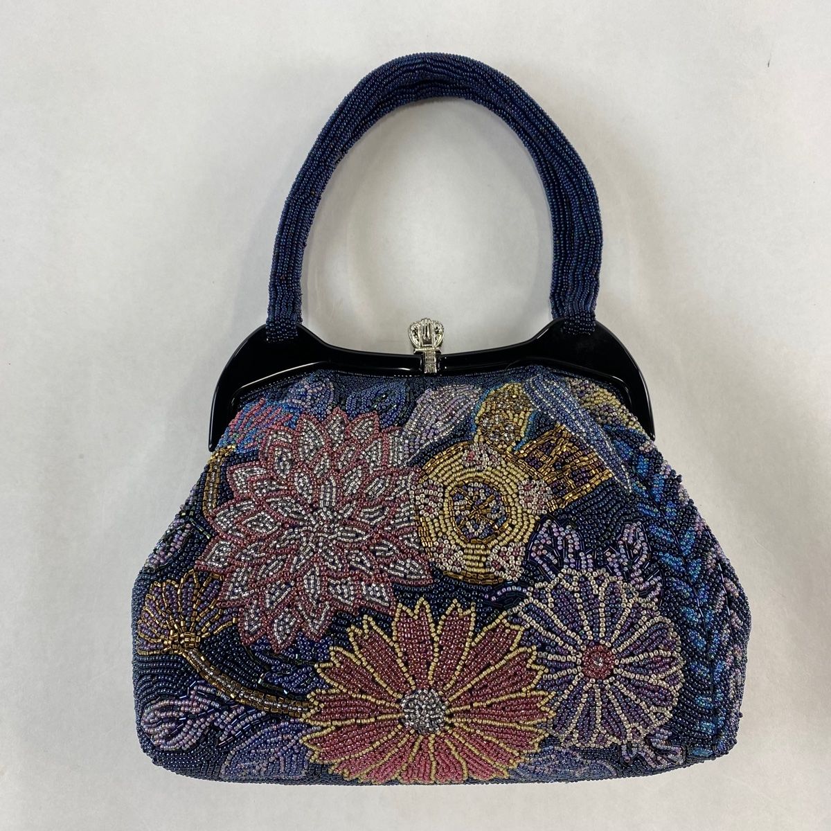 和装バッグ 優品 ビーズバッグ フォーマル 菊 葉柄 紺色 ビーズ
