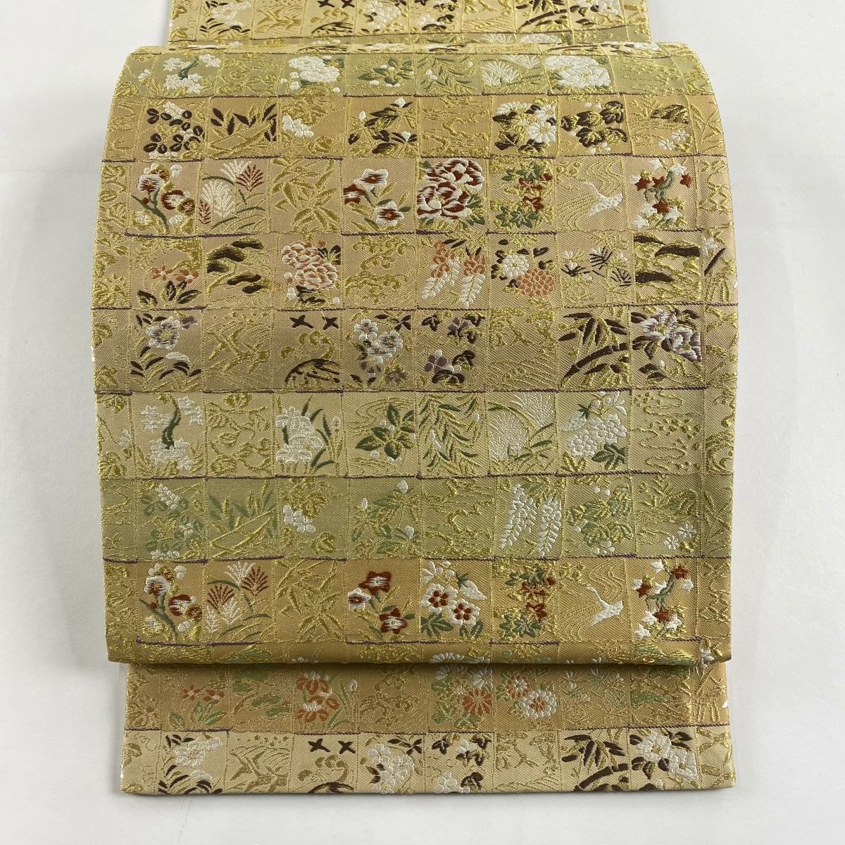 袋帯 名品 草花 鳥 金糸 ベージュ 六通 正絹