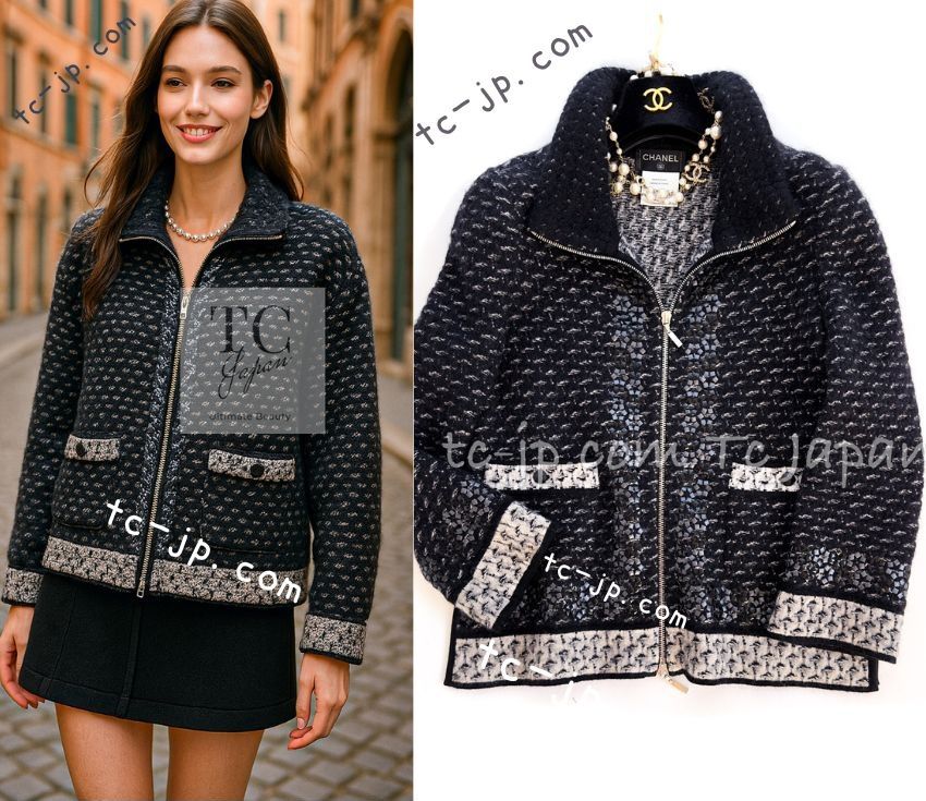 CHANEL - シャネル カーディガン CHANEL ダーク ネイビー ふんわりフワフワ モヘア シルク カシミア 美しいスパンコール装飾 ジッパー 超美品 34 38 シャネル カーディガン CHANEL ダーク ネイビー ふんわり