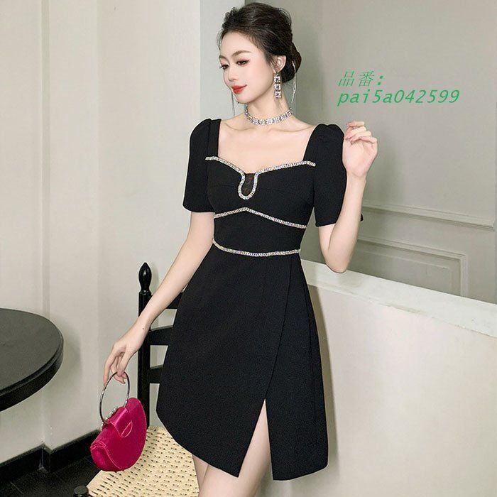 スクエアネック胸元ビジュー 半袖ショートワンピース 黒 白 キャバ スナック セクシー 服 レディース ラウンジ 韓国 pai5a042599