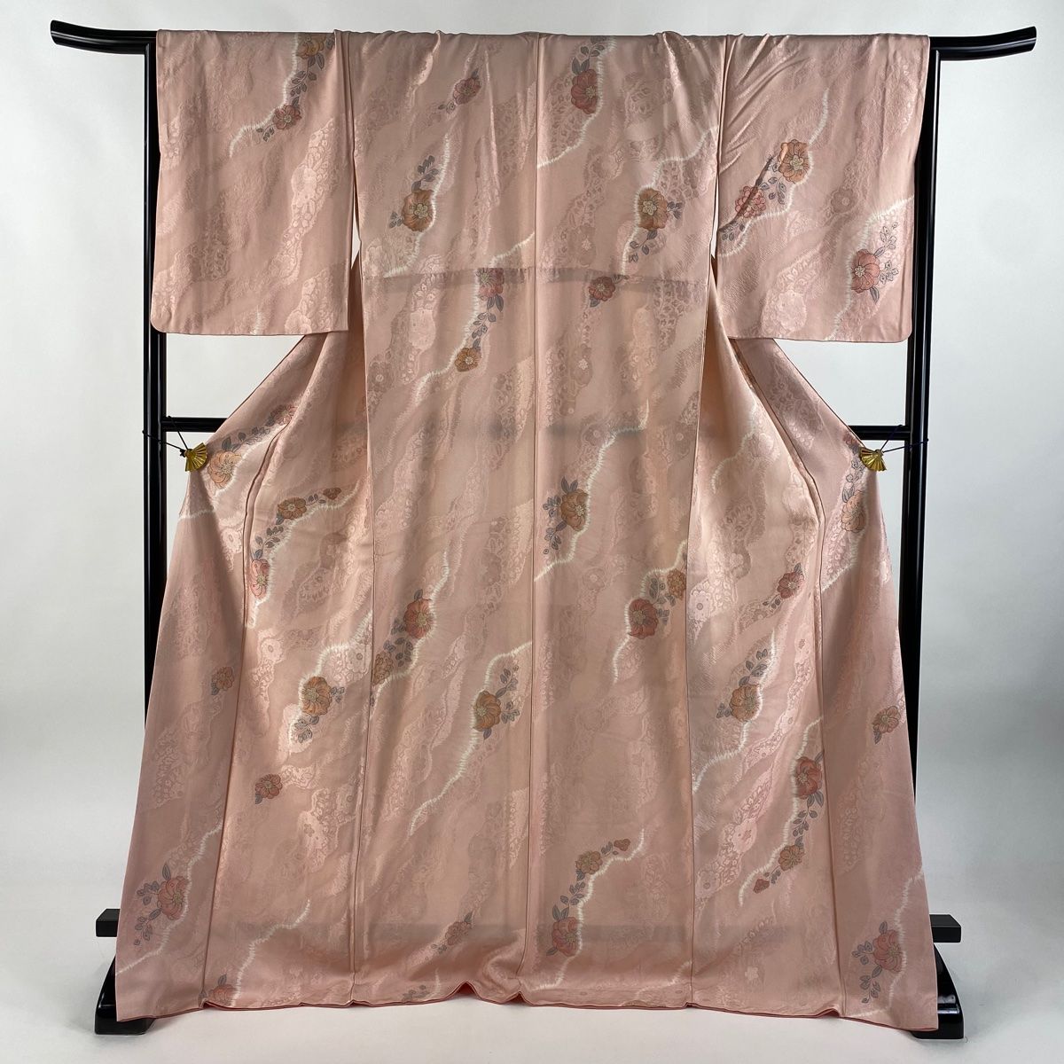 小紋 身丈174cm 裄丈67cm M 袷 草花 地紋 絞り ピンク 正絹 名品