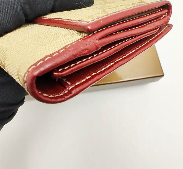 GUCCI 二つ折り財布 レッド/ベージュ グッチ Wホック二つ折り長財布 GGキャンバス ベージュ/レッド