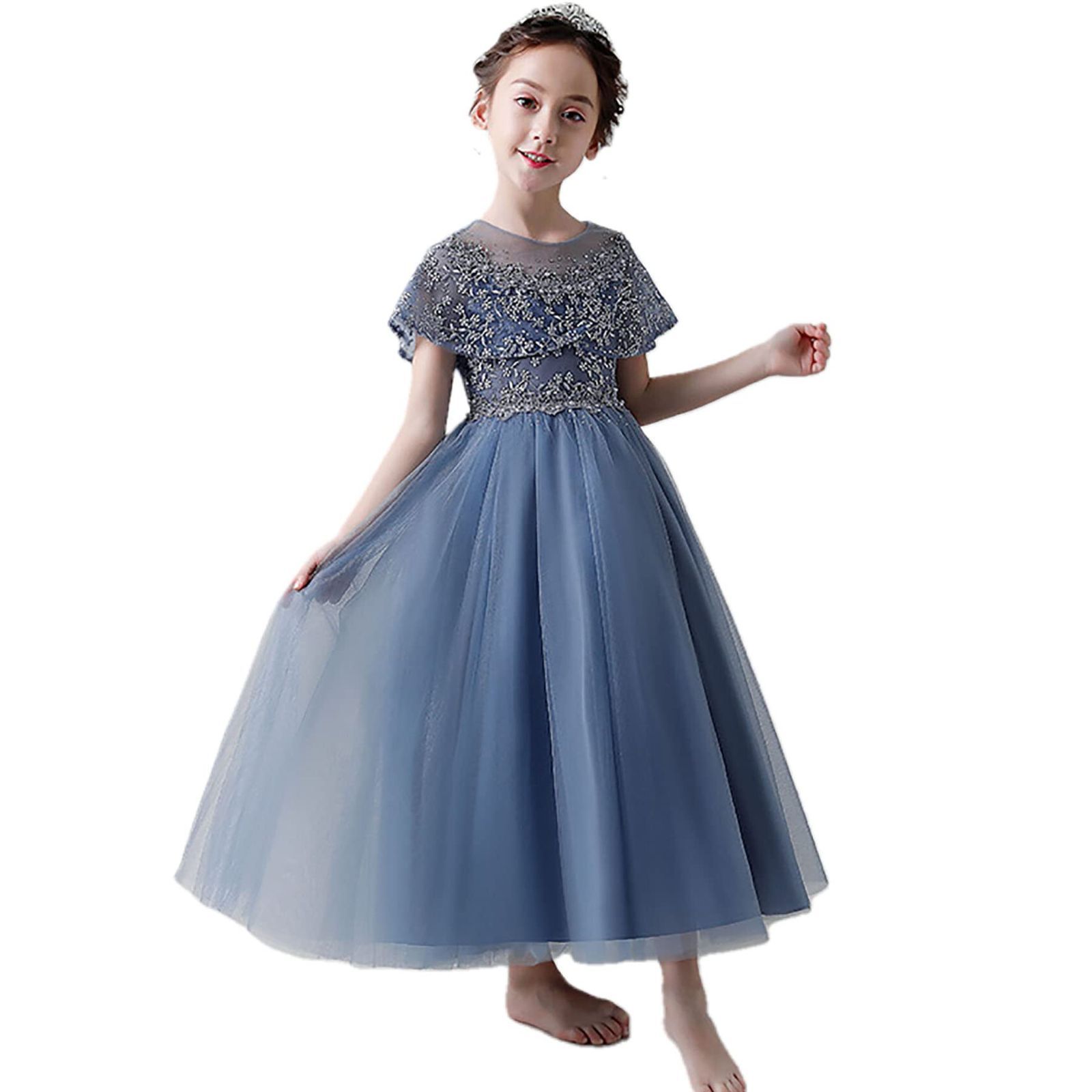 140_ブルーの半袖 [FairyHouseVsmile] Titiluck 子供ドレス ピアノ 発表会 女の子 結婚式 子供 ドレスランキング 卒業式 刺繍 入園式 パーティー プリンセスドレス 120-160 3－15歳に適合 子供の結婚式服 