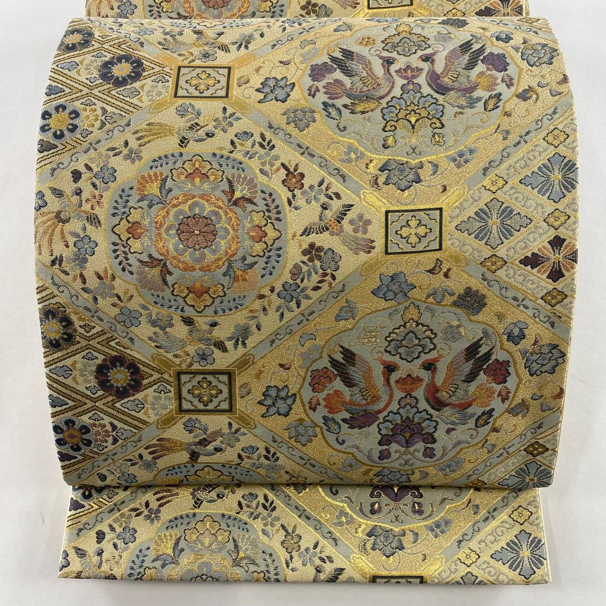 袋帯 美品 秀品 華文 向かい鳥 金糸 箔 ベージュ 六通 正絹 【中古 