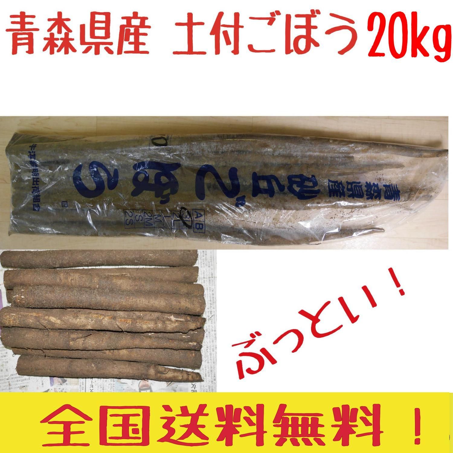 青森県産土付きごぼう２～３L２０ｋｇ送料無料！