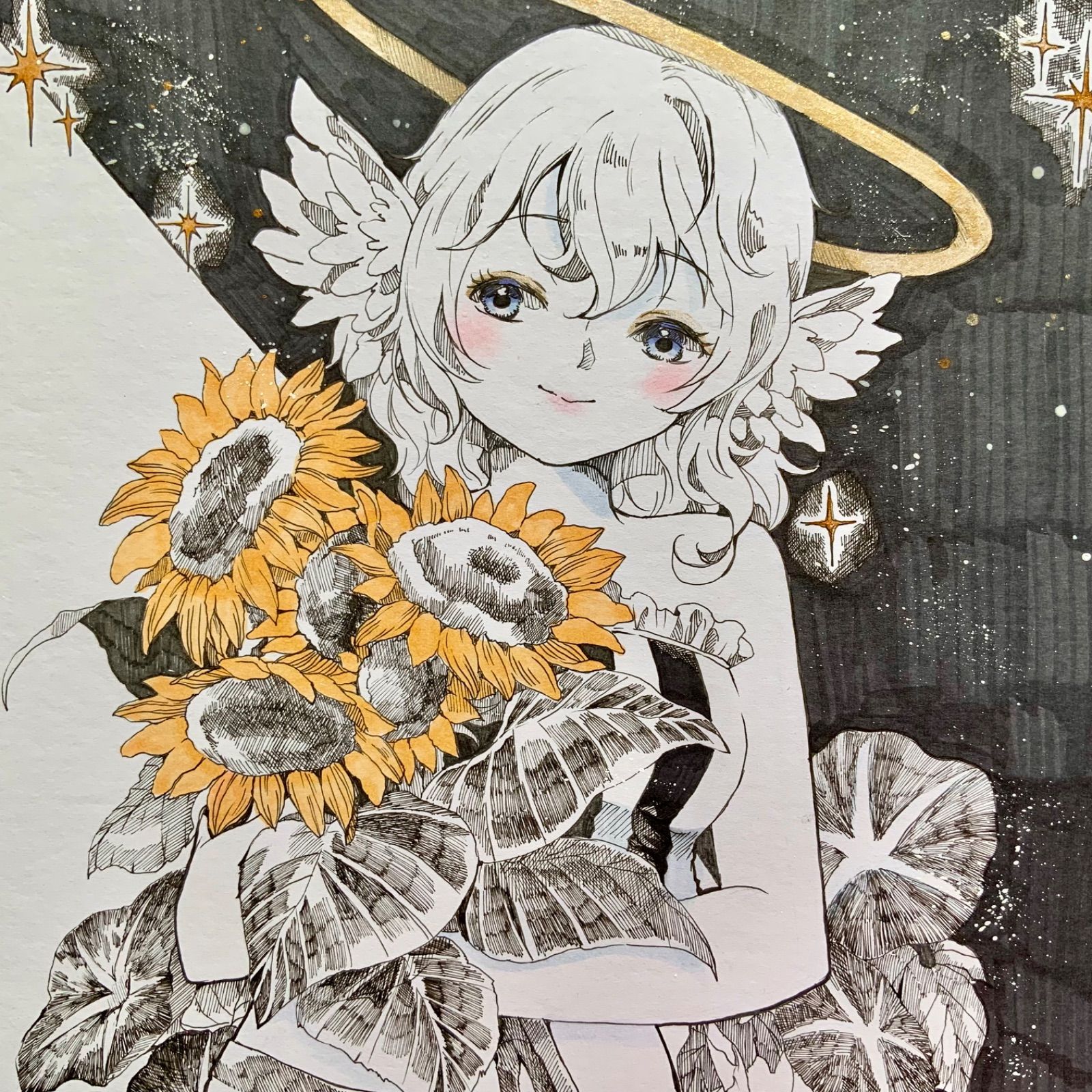 オリジナルイラスト 天使ちゃんと夏 色紙大 手描き 原画 女の子 ご覧