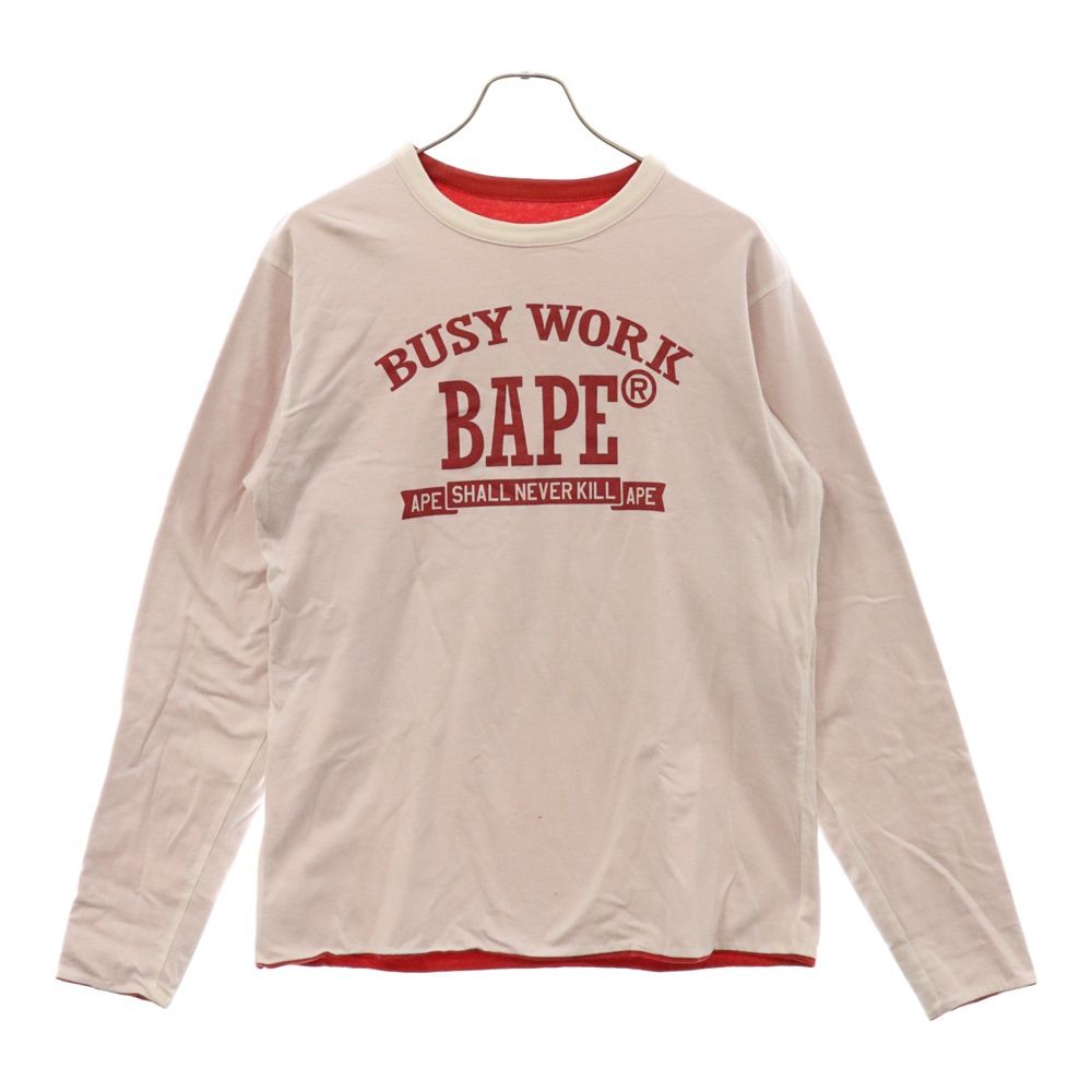A BATHING APE (アベイシングエイプ) カレッジロゴレイヤードリバーシブル長袖Tシャツ ホワイト/レッド