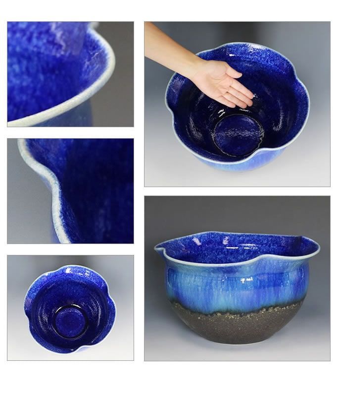 信楽焼 陶器 水鉢 メダカ鉢 金魚鉢 睡蓮鉢 青ビードロ花型水鉢