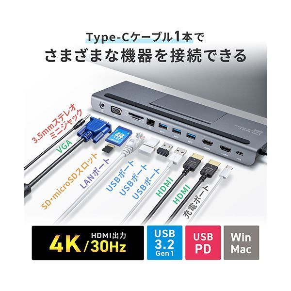 サンワサプライ USB Type-Cドッキングステーション HDMI VGA対応 USB-CVDK8