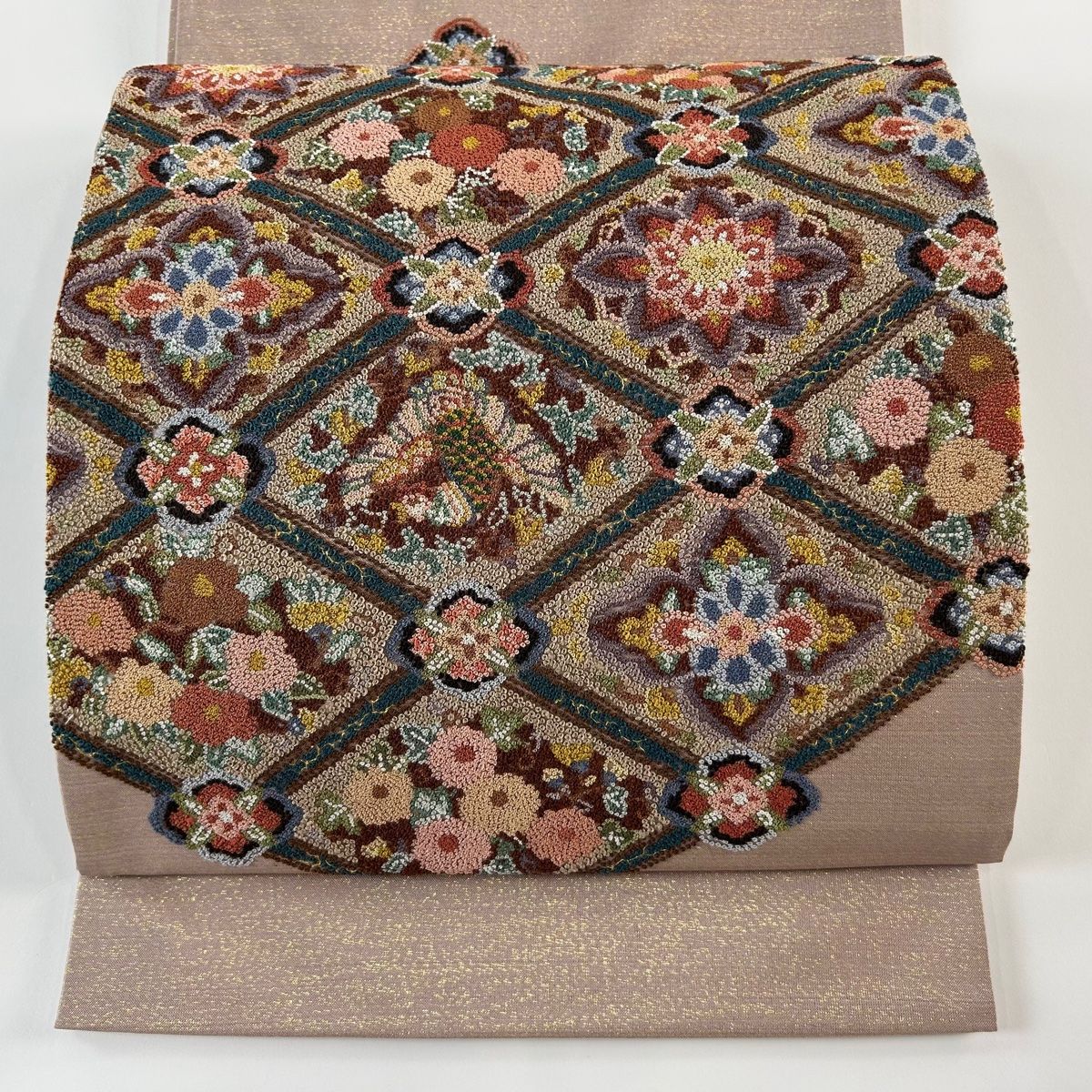 袋帯 美品 逸品 華文 鳥 相良刺繍 金糸 薄小豆 お太鼓柄 正絹