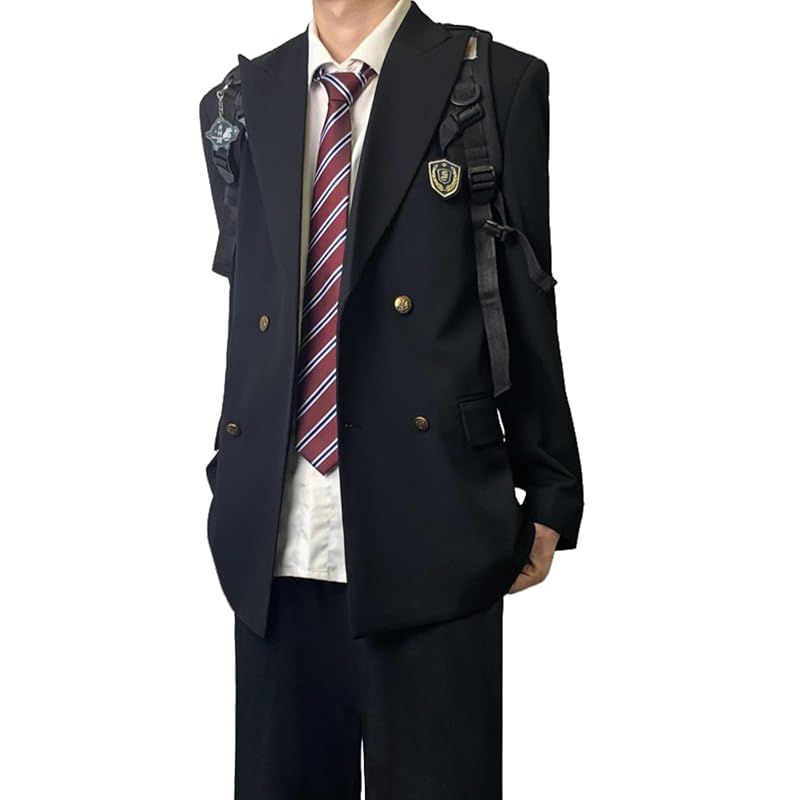 COSSA 学ラン 制服 メンズ コスプレ 学生服 高校制服 スクール 男子制服 上下セット レザー ズボン 高校生 中学生 入学式 卒業式 仮装 コスチューム ブラック XXL 0