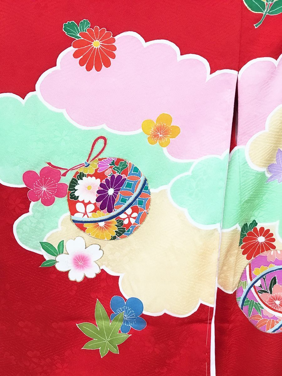 手描き 京友禅 金駒刺繍 女の子 お宮参り着 雲取りに鞠柄 産