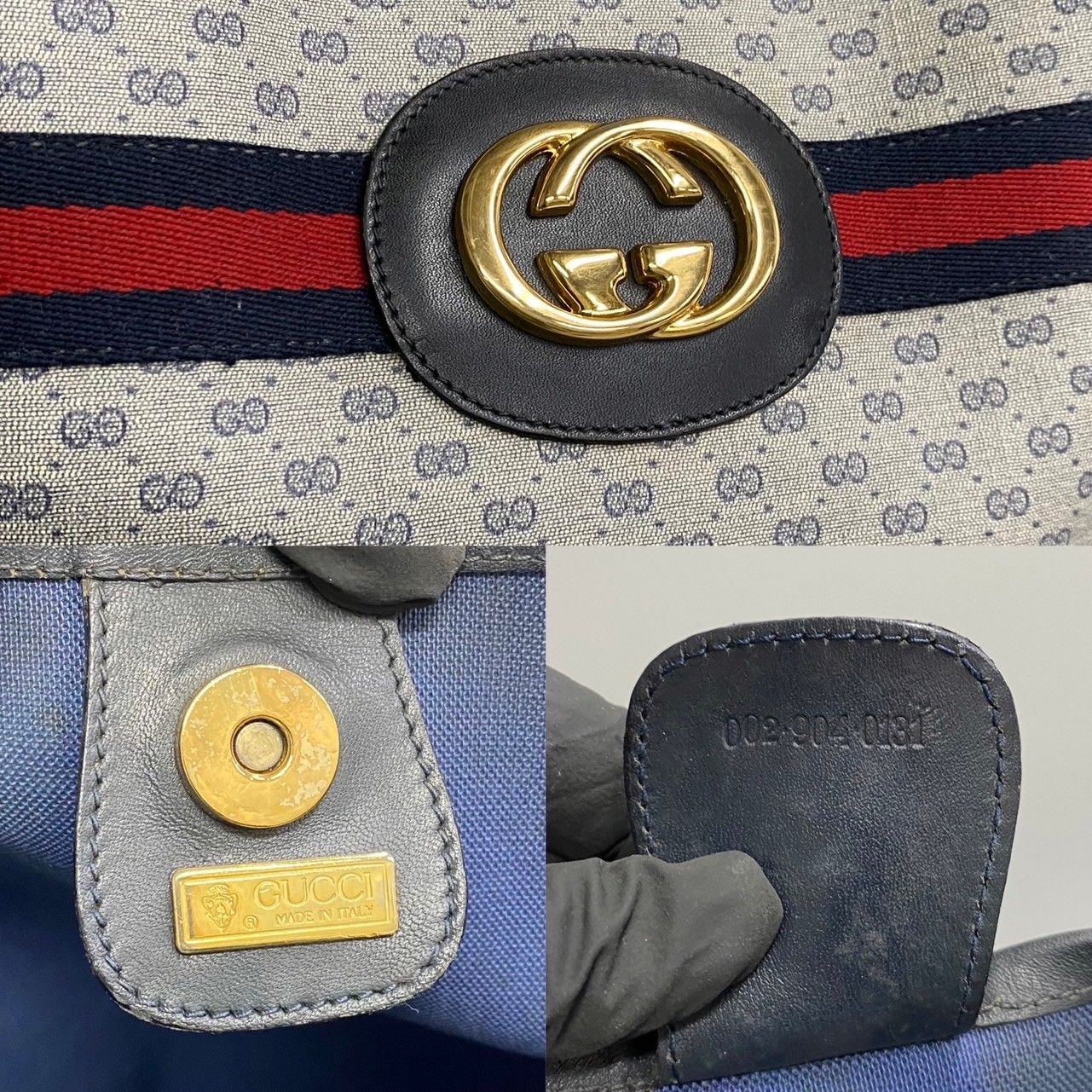 美品 GUCCI グッチ オールドグッチ シェリーライン マイクロGG ロゴ 金具 レザー トートバッグ ハンドバッグ A4収納可能 ネイビー  24746 - メルカリ