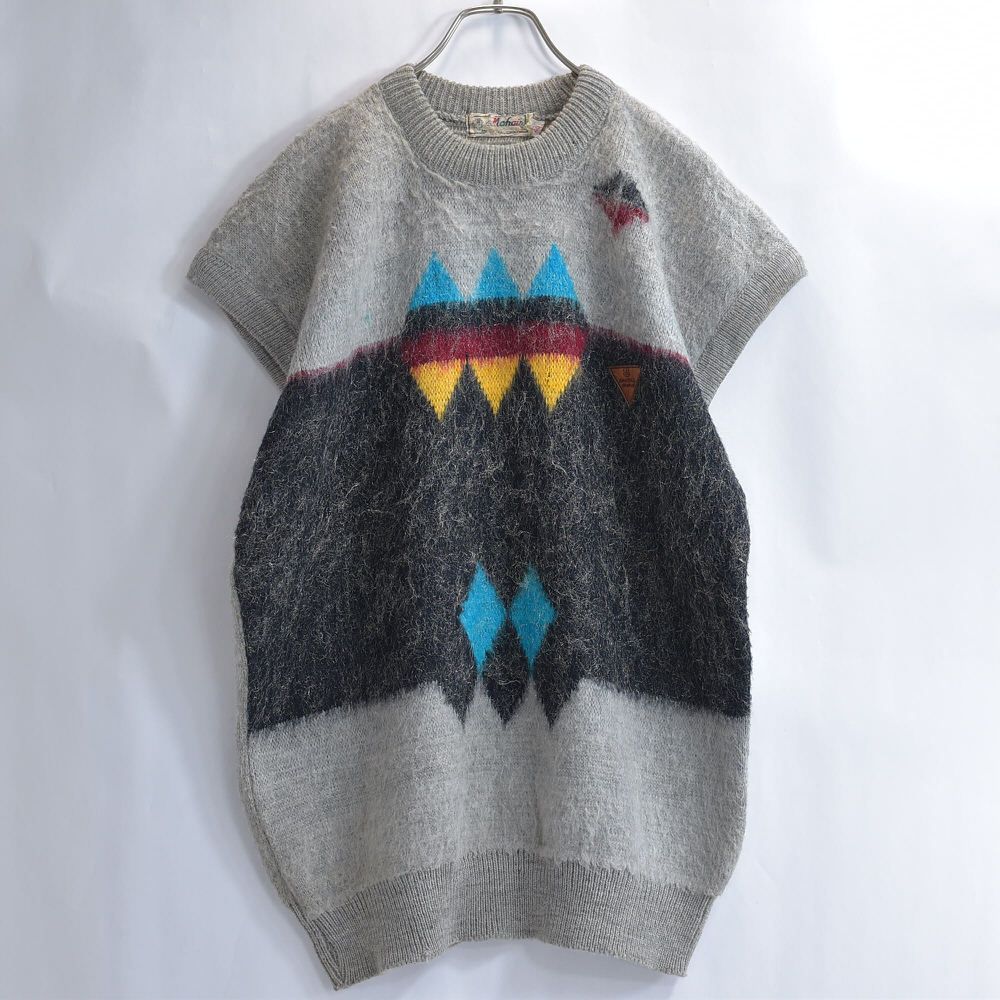 Vintage Mohair by SHITAL SHINE ネイティブ柄 モヘアウール ニット ベスト ヴィンテージ エスニック柄 グレー ビンテージ USA アメリカ古着 メンズL相当 Vintage Mohair by SHITAL SHINE ネイティブ柄 モヘアウール ニット
