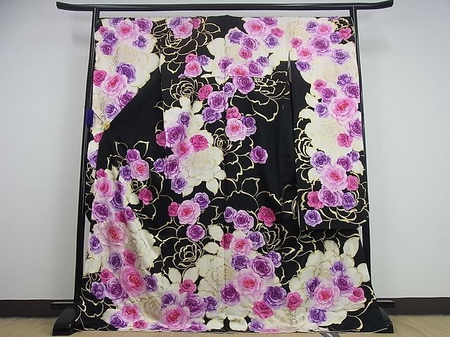 平和屋1□極上 振袖 刺繍 CECIL McBEE 薔薇 牡丹 金彩 黒地 パール