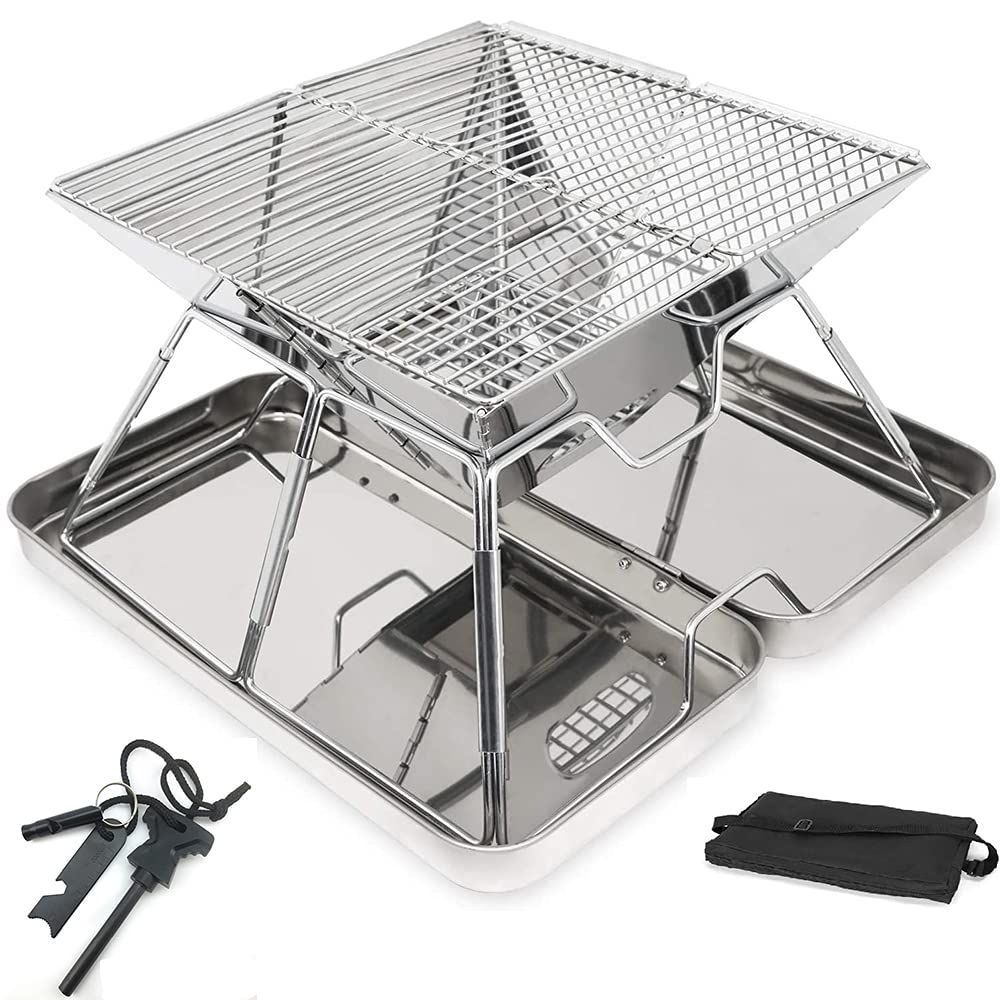 焚き火台 バーベキューコンロ収納ケース付 コンパクト グリル 折りたたみ Rikopin(リコピン) BBQコンロ 2-4人用 ステンレス 軽量 サイズ:31cm×31cm×20cm (ファイヤースターター付き)