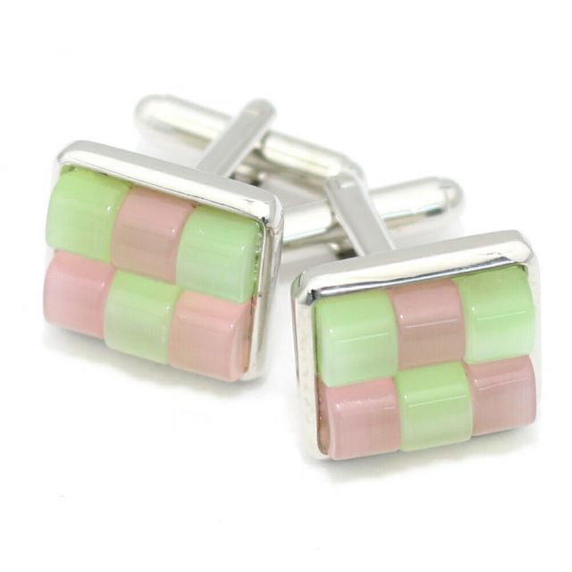 ピンク×グリーン キャッツアイ チェックブロック カフス カフスボタン カフリンクス cufflinks cuffs メンズ 男性 結婚式 スーツアクセサリー専門店 父の日 ギフトにも ブライダル 披露宴 二次