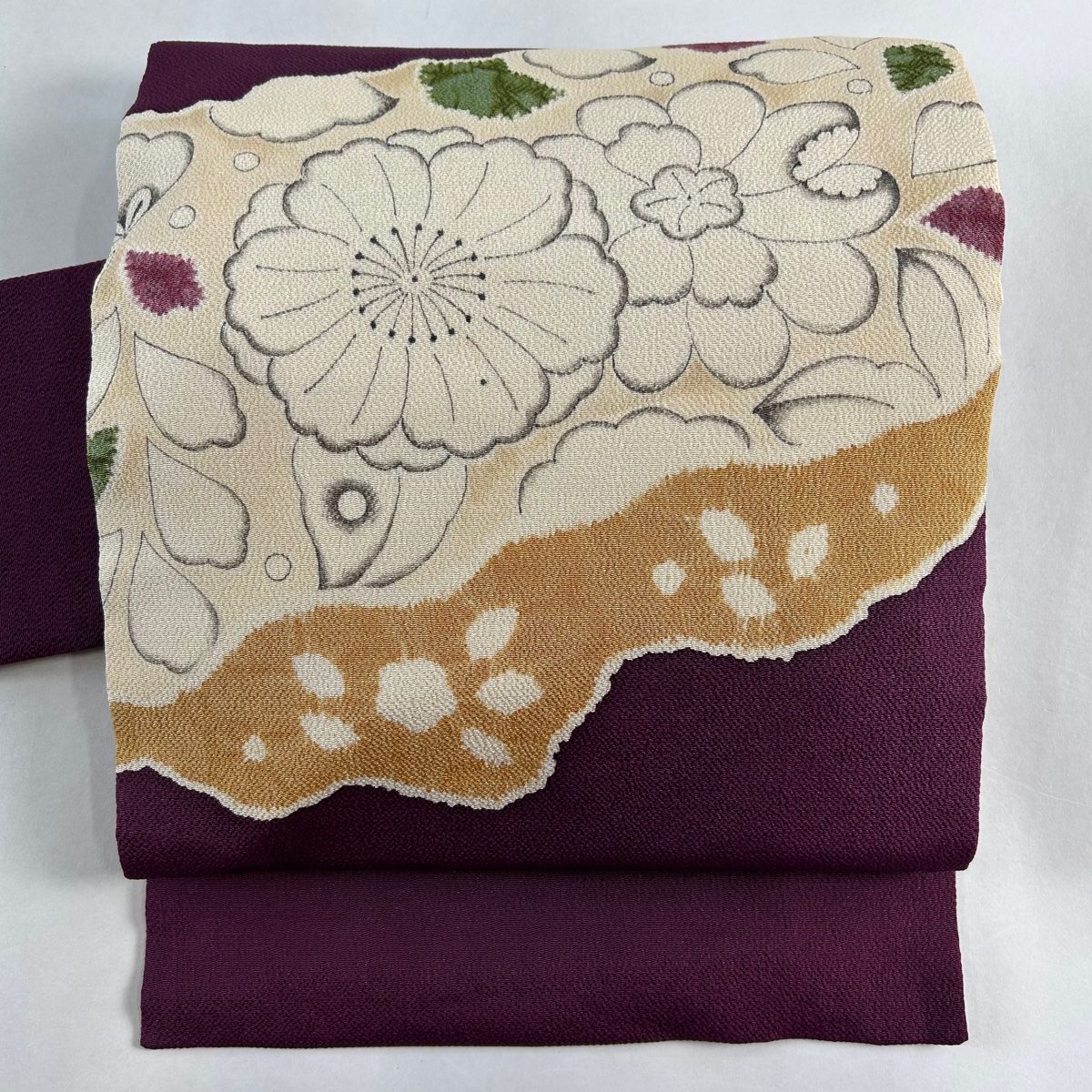 名古屋帯 秀品 草花 縮緬 紫 正絹