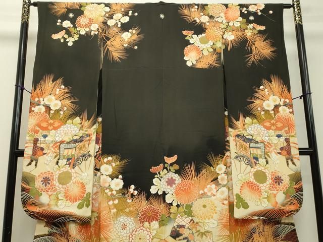 アンティーク 立涌に季節の花々 金駒刺繍 金彩 単衣 正絹 振袖 着物 平和屋着物○アンティーク 大正ロマン 振袖 駒刺繍 草花笹松文
