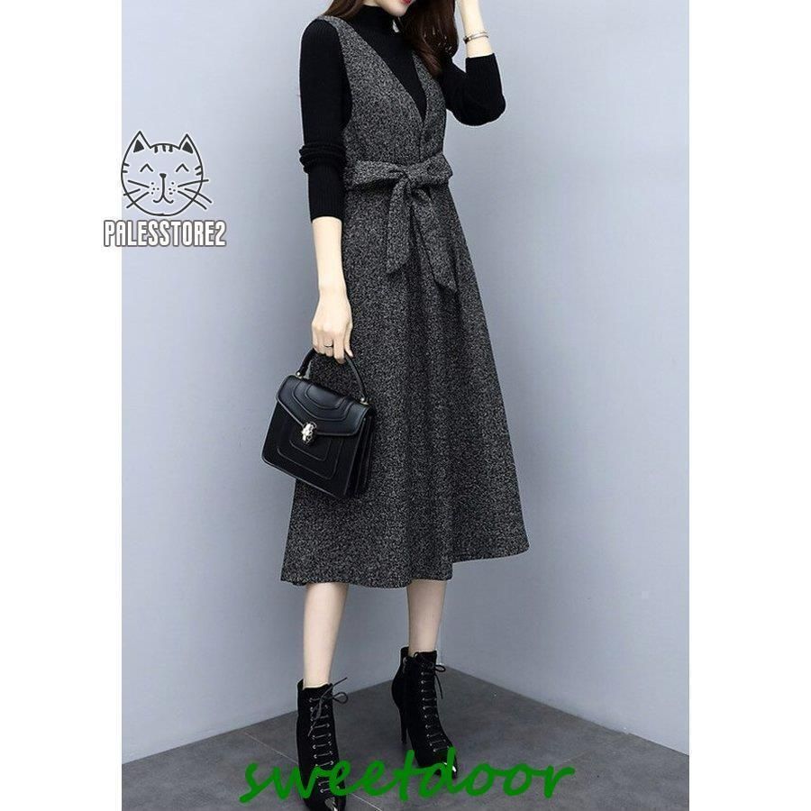 セットアップ ツーピース レディース 秋 冬 コンサバ リブニット ジャンパースカート ワンピース 無地 ロング丈 シンプル 上品 きれいめ 20