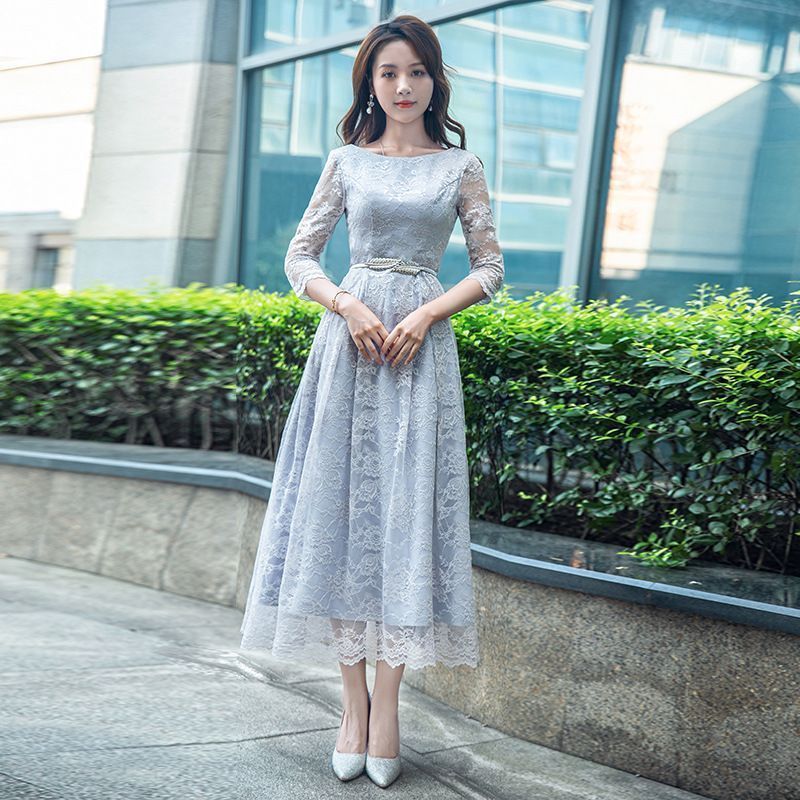 ブライズメイド ドレス 大人 ピアノ 発表会 ロングドレス 演奏会 結婚式 袖付き ミモレ丈 体型カバー 二次会 花嫁